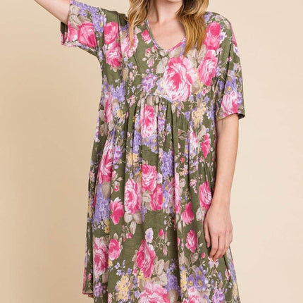 BOMBOM Flower Print V-Neck Ruched Dress - MimiStylez