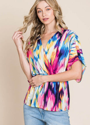 BOMBOM Printed Surplice Peplum Blouse - MimiStylez