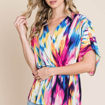 BOMBOM Printed Surplice Peplum Blouse - MimiStylez