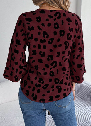 Tied Button Up Leopard V-Neck Blouse - MimiStylez