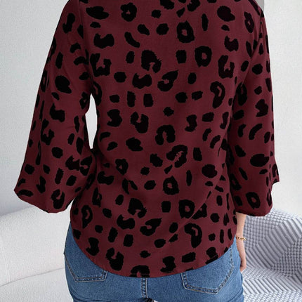 Tied Button Up Leopard V-Neck Blouse - MimiStylez
