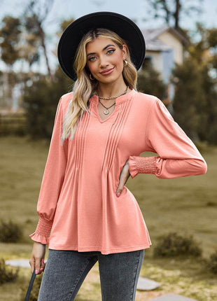 Notched Neck Flounce Sleeve Blouse - MimiStylez