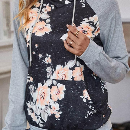 Printed Raglan Sleeve Hoodie - MimiStylez
