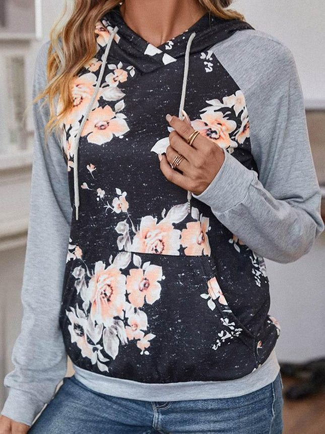Printed Raglan Sleeve Hoodie - MimiStylez