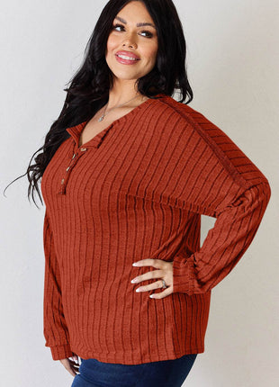 Basic Bae Full Size Ribbed Half Button Long Sleeve T-Shirt - MimiStylez