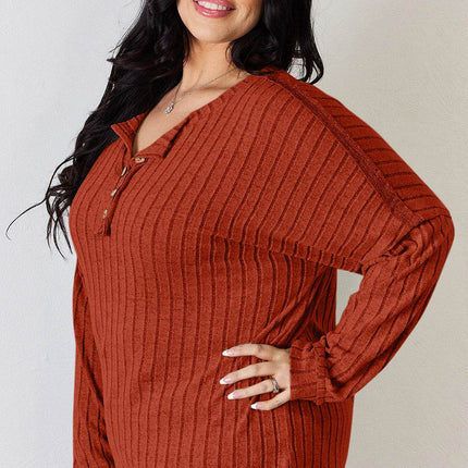 Basic Bae Full Size Ribbed Half Button Long Sleeve T-Shirt - MimiStylez