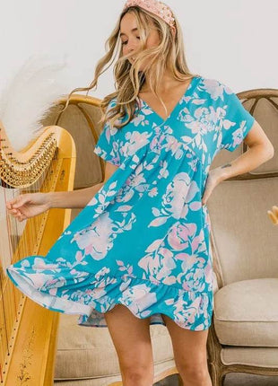 BiBi Floral Crinkle Shirred Ruffle Detail V Neck Dress - MimiStylez