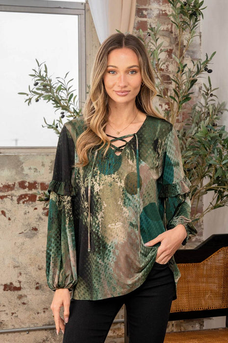 Sew In Love Full Size Snakeskin Print Long Sleeve Top with Ruffle - MimiStylez