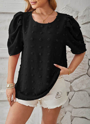 Swiss Dot Round Neck Short Sleeve Blouse - MimiStylez