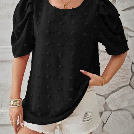 Swiss Dot Round Neck Short Sleeve Blouse - MimiStylez
