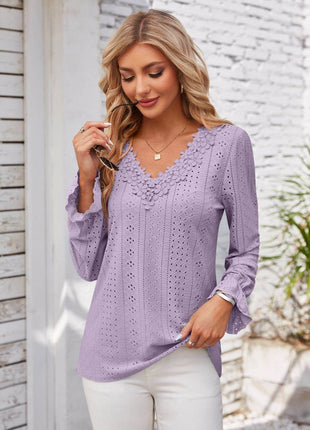 Applique V-Neck Flounce Sleeve T-Shirt - MimiStylez