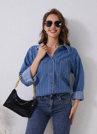 Pocketed Striped Button Up Denim Shirt - MimiStylez
