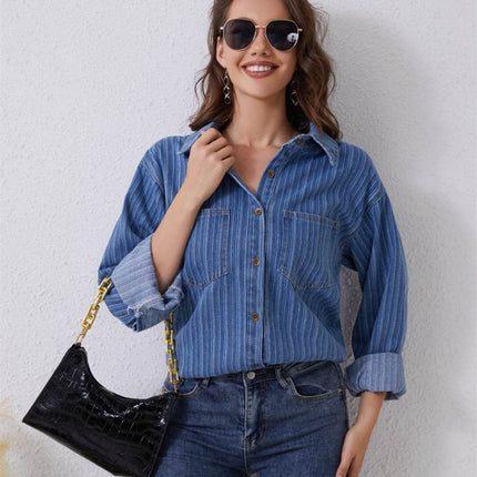 Pocketed Striped Button Up Denim Shirt - MimiStylez