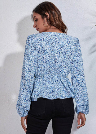Floral V-Neck Balloon Sleeve Peplum Blouse - MimiStylez
