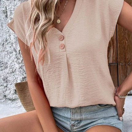 Decorative Button V-Neck Short Sleeve Blouse - MimiStylez