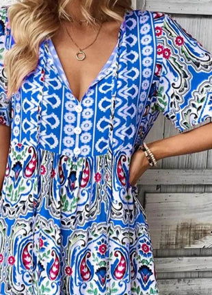Printed Tie Neck Short Sleeve Dress - MimiStylez