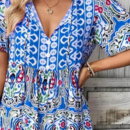 Printed Tie Neck Short Sleeve Dress - MimiStylez