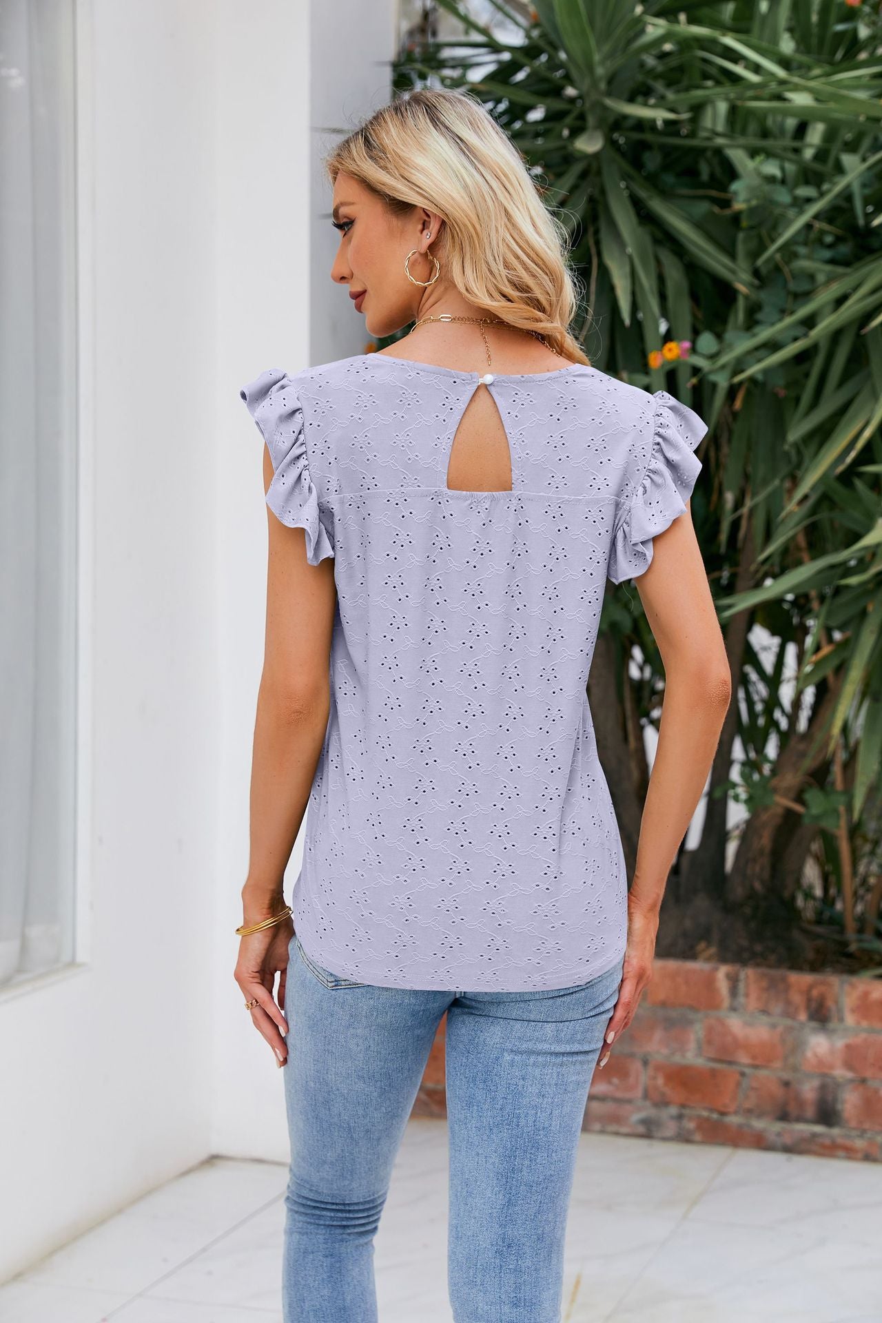 V-Neck Flutter Sleeve Eyelet Top