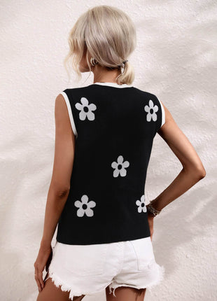 Floral Contrast Ribbed Trim Sweater Vest - MimiStylez