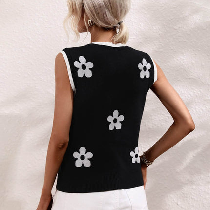 Floral Contrast Ribbed Trim Sweater Vest - MimiStylez