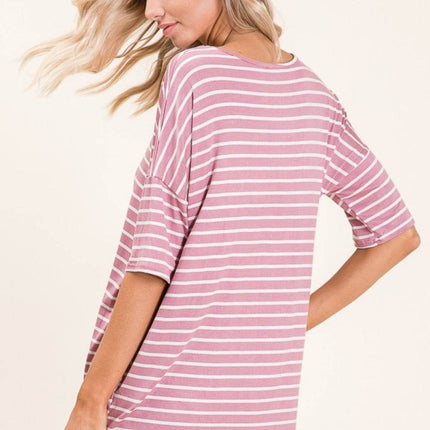 BOMBOM Striped Round Neck Half Sleeve T-Shirt - MimiStylez