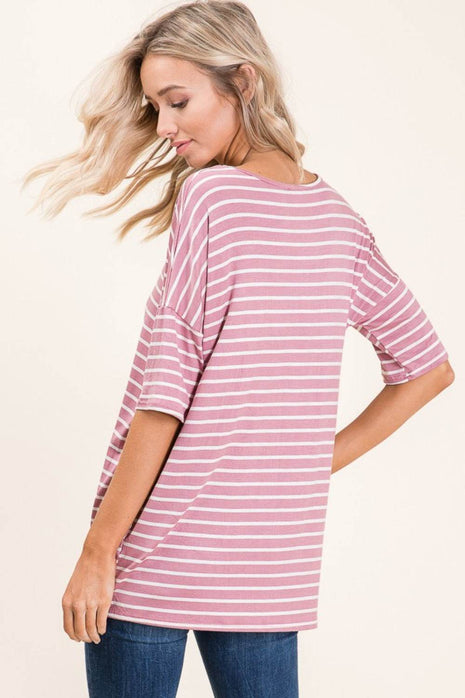 BOMBOM Striped Round Neck Half Sleeve T-Shirt - MimiStylez