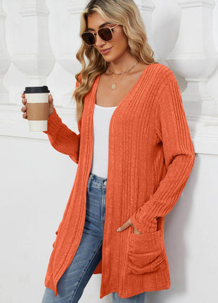 Pocketed Open Front Long Sleeve Cardigan - MimiStylez