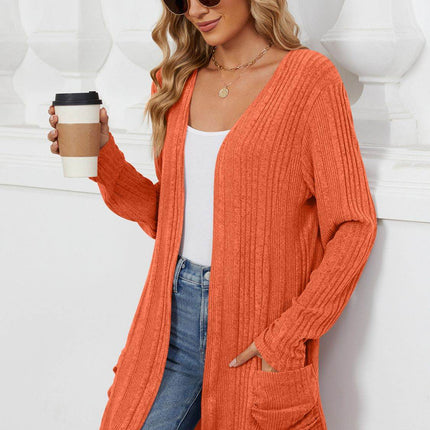Pocketed Open Front Long Sleeve Cardigan - MimiStylez
