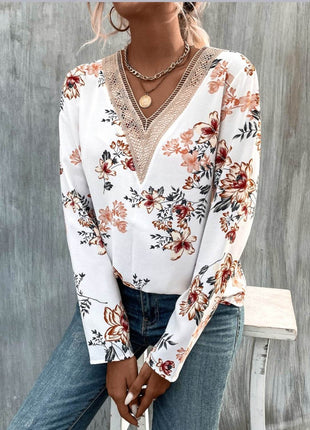 Printed V-Neck Long Sleeve Blouse - MimiStylez