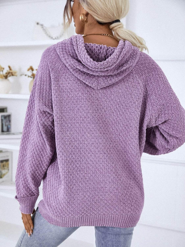Texture Drawstring Long Sleeve Hooded Sweater - MimiStylez