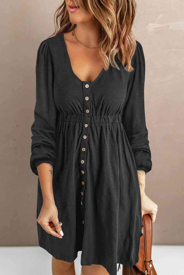 Scoop Neck Empire Waist Long Sleeve Mini Dress - MimiStylez
