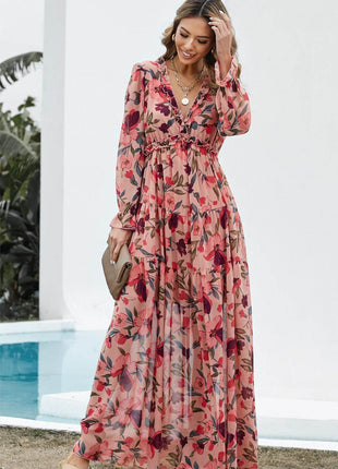 Floral Frill Trim Flounce Sleeve Plunge Maxi Dress - MimiStylez