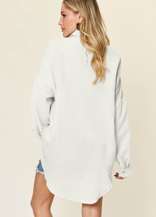 Double Take Full Size Pocketed Texture Button Up Shirt - MimiStylez