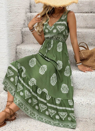 Printed V-Neck Sleeveless Dress - MimiStylez