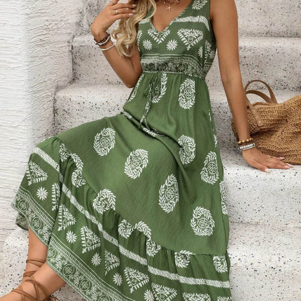 Printed V-Neck Sleeveless Dress - MimiStylez