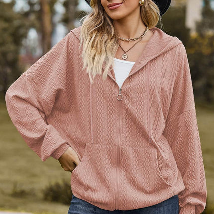 Drawstring Zip Up Dropped Shoulder Hoodie - MimiStylez