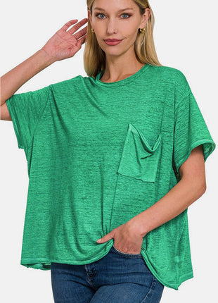 Zenana Pocketed Round Neck Dropped Shoulder T-Shirt - MimiStylez