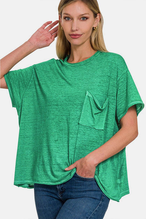 Zenana Pocketed Round Neck Dropped Shoulder T-Shirt - MimiStylez