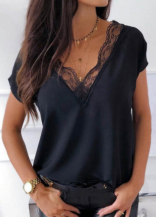 Full Size Lace Detail V-Neck Short Sleeve Blouse - MimiStylez