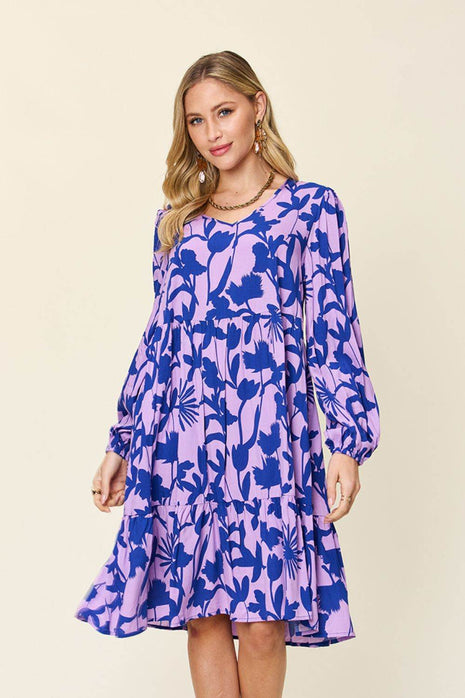 Double Take Full Size Printed Ruffle Hem Dress with Pocket - MimiStylez