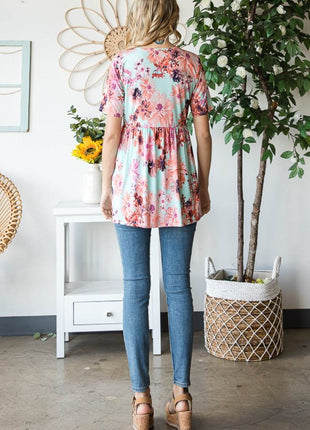 Heimish Full Size Floral V-Neck Short Sleeve Babydoll Blouse - MimiStylez