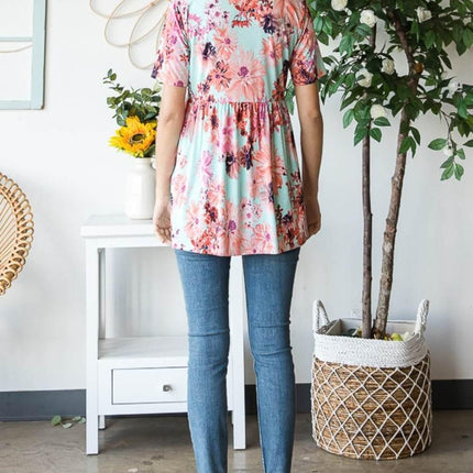 Heimish Full Size Floral V-Neck Short Sleeve Babydoll Blouse - MimiStylez