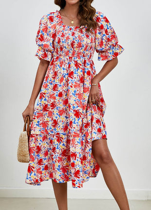 Smocked Floral Square Neck Short Sleeve Dress - MimiStylez