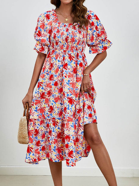 Smocked Floral Square Neck Short Sleeve Dress - MimiStylez