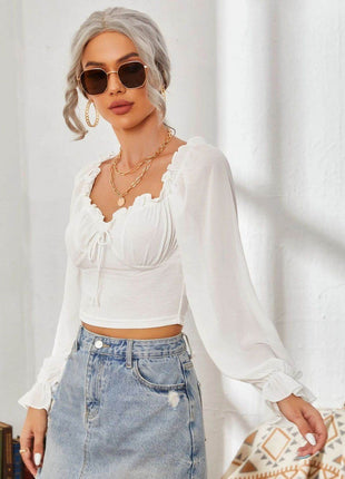 Mesh Sweetheart Neck Flounce Sleeve Top - MimiStylez