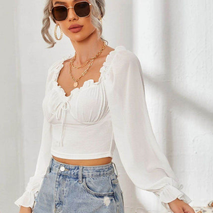 Mesh Sweetheart Neck Flounce Sleeve Top - MimiStylez