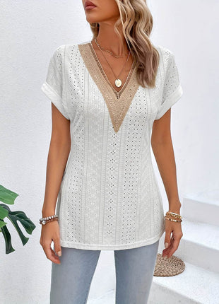 Slit Eyelet V-Neck Short Sleeve Blouse - MimiStylez