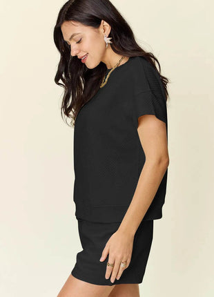 Double Take Full Size Texture Short Sleeve T-Shirt and Drawstring Shorts Set - MimiStylez