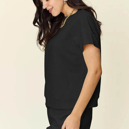 Double Take Full Size Texture Short Sleeve T-Shirt and Drawstring Shorts Set - MimiStylez