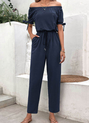 Off-Shoulder Tie Cuff Jumpsuit with Pockets - MimiStylez